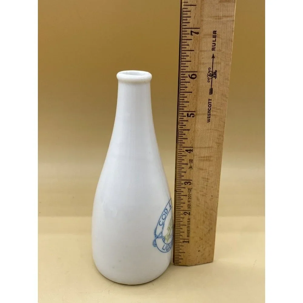 Vintage Cod Liver Liqueur White 6” Bottle Fish Logo Apothecary